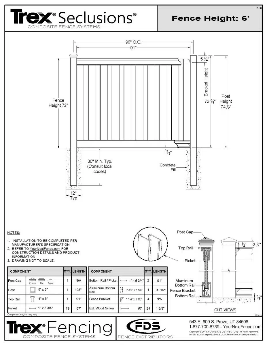 2019 - SECLUSION 6' TALL - 106 6 ft. Tall Trex Fencing Fence Panel Kit Shop Drawing