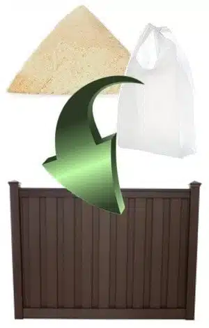 Wood sawdust + Plastic Film = Trex Composite Fencing Composite Fencing Materials are made of sawdust and plastic bags combining to form a Trex composite fence panel.