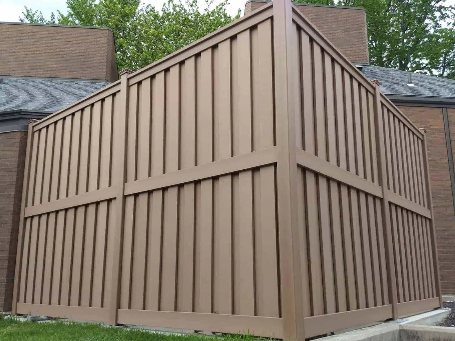 OSU-Campus-Housing-Trex-Fencing A 10 foot tall Trex privacy fence for a university housing HVAC enclosure
