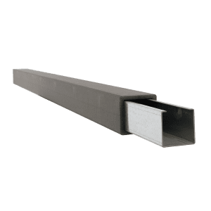 A picture of a steel post stiffener inserted in a Trex post